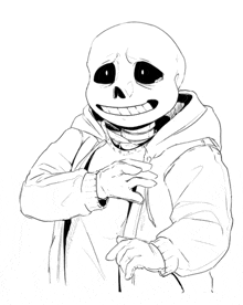 a black and white drawing of a skeleton with a hoodie on