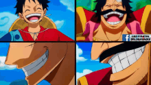 a collage of four pictures of monkey d luffy and roronoa zoro from one piece .