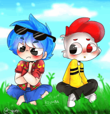 a drawing of a boy with blue hair and a boy with red hair with the name rtumba on the bottom right