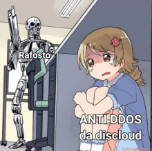 a cartoon of a girl crying next to a skeleton holding a gun and the words rafosto anti-ddos da discloud