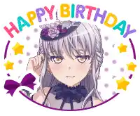 a happy birthday sticker with a girl wearing a hat and a bow