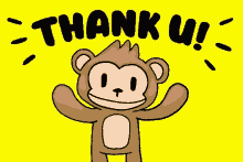 a cartoon of a monkey with the words thank u on a yellow background