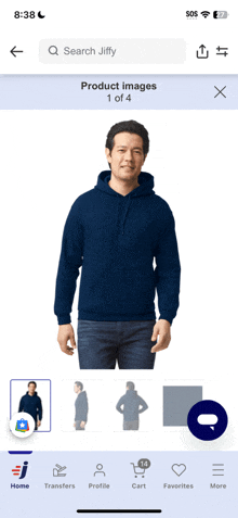 a man wearing a blue hoodie is displayed on the jiffy app