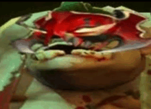 a close up of a painting of a hamburger with blood on it on a table .