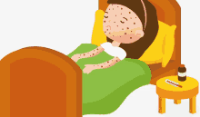 a cartoon of a girl laying in bed with a thermometer on the nightstand