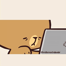 a cartoon of a teddy bear hugging another teddy bear while looking at a laptop .