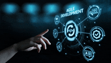 a hand is pointing to a screen that says agile development