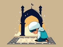 a boy is kneeling on a rug in front of a mosque .