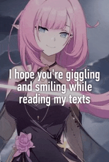 a girl with pink hair and blue eyes is smiling while reading her texts .