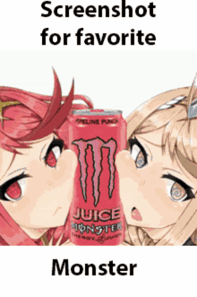 a screenshot of two anime girls holding a can of monster energy drink