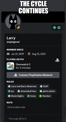 a screenshot of larry 's profile on the cycle continues