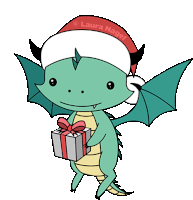 a cartoon dragon wearing a santa hat is holding a gift box