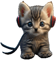 a kitten wearing headphones with a cord coming out of its ear