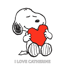 a cartoon of snoopy holding a red heart with the words i love catherine below it