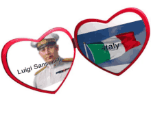 a heart shaped picture frame with a picture of luigi sansoneti and a picture of a flag of italy