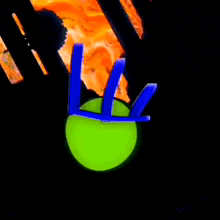 a green cartoon character with a blue headband is falling down .