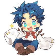 a drawing of a boy with blue hair and a bow tie