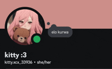 a picture of a girl with pink hair holding a teddy bear with the name kitty on it