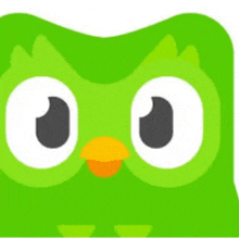 a green owl with white eyes and an orange beak