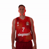 a man wearing a red jersey that says siegmund