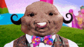 a cartoon character wearing a bow tie and a vest smiles