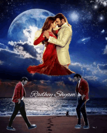 a movie poster for radhey shyam shows a man and a woman dancing on the beach