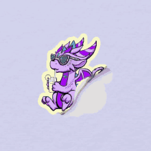 a purple dragon wearing sunglasses and holding a drink