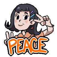 a cartoon of a girl giving a peace sign with the word peace below her