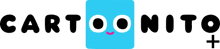 a logo for cartoonito with a blue square and a smiling face