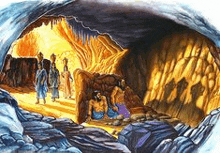 a group of people are standing in a cave with a fire coming out of it .