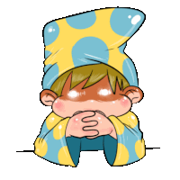 a cartoon of a boy wearing a yellow and blue polka dot hat