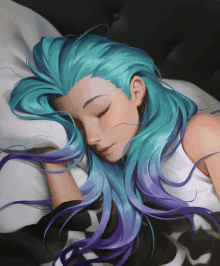 a woman with blue and purple hair is sleeping on a pillow