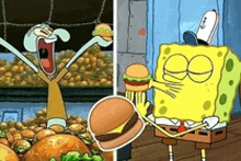 a cartoon of spongebob eating a hamburger next to a cartoon of squidward eating a hamburger