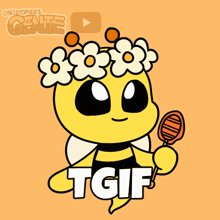 a bee with flowers on its head is holding a lollipop and the word tgif below it
