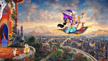 a painting of aladdin and jasmine flying on a carpet over a city