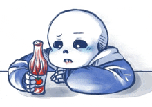 a drawing of a skeleton holding a tomato sauce bottle