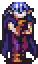 a pixel art drawing of a person wearing a blue hat and a purple coat .