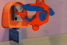 a cartoon of spider-man standing in front of a pay phone