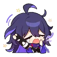 a cartoon character with purple hair is crying and holding a gun in his hand .