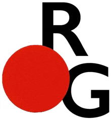 a red circle with a black letter r and g on it .