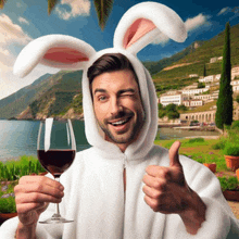 a man wearing bunny ears holds a glass of wine and gives a thumbs up