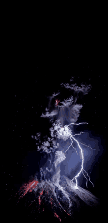 a lightning bolt strikes a volcano with a black background