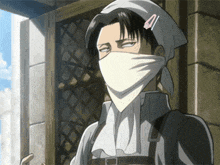 a man with a bandana on his face has a pink clip on his hair