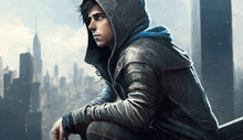 a man in a hooded jacket looks out over the city