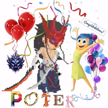a pixel art of a girl holding balloons with the word poter in the middle
