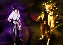 sasuke and naruto are standing next to each other on a purple background