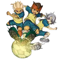 a cartoon of three soccer players with one wearing a shirt that says ' inazuma eleven ' on it