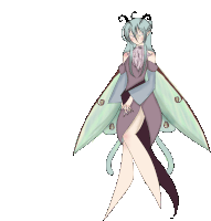 a drawing of a moth girl with a purple dress