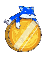 a blue and white cat is laying on top of a gold coin