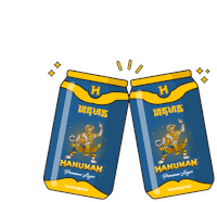 two cans of hanuman premium lager are sitting next to each other on a white background